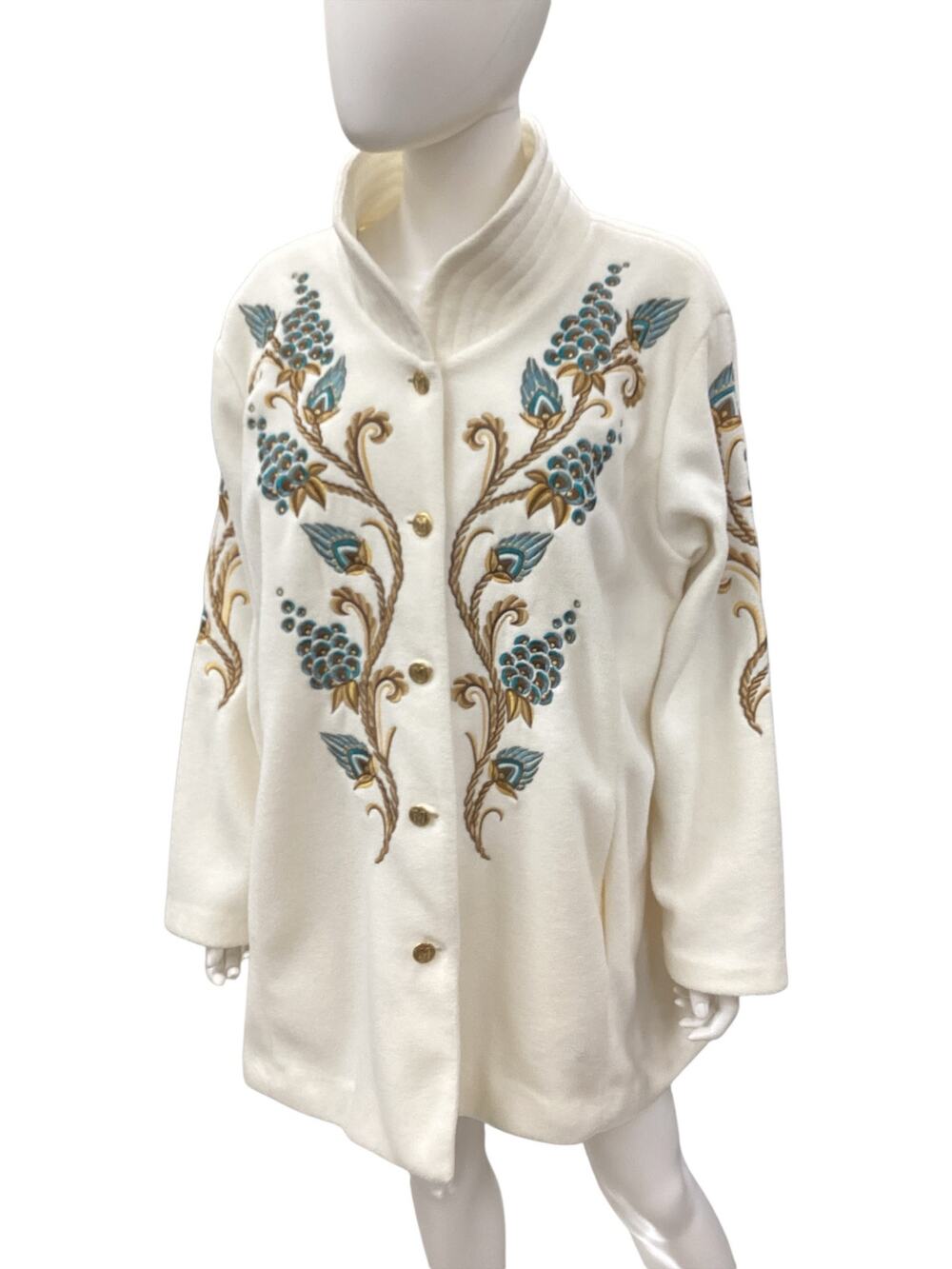 Bob Mackie Wearable Art Coat Women’s Size XL Embroidered Cream And Colors